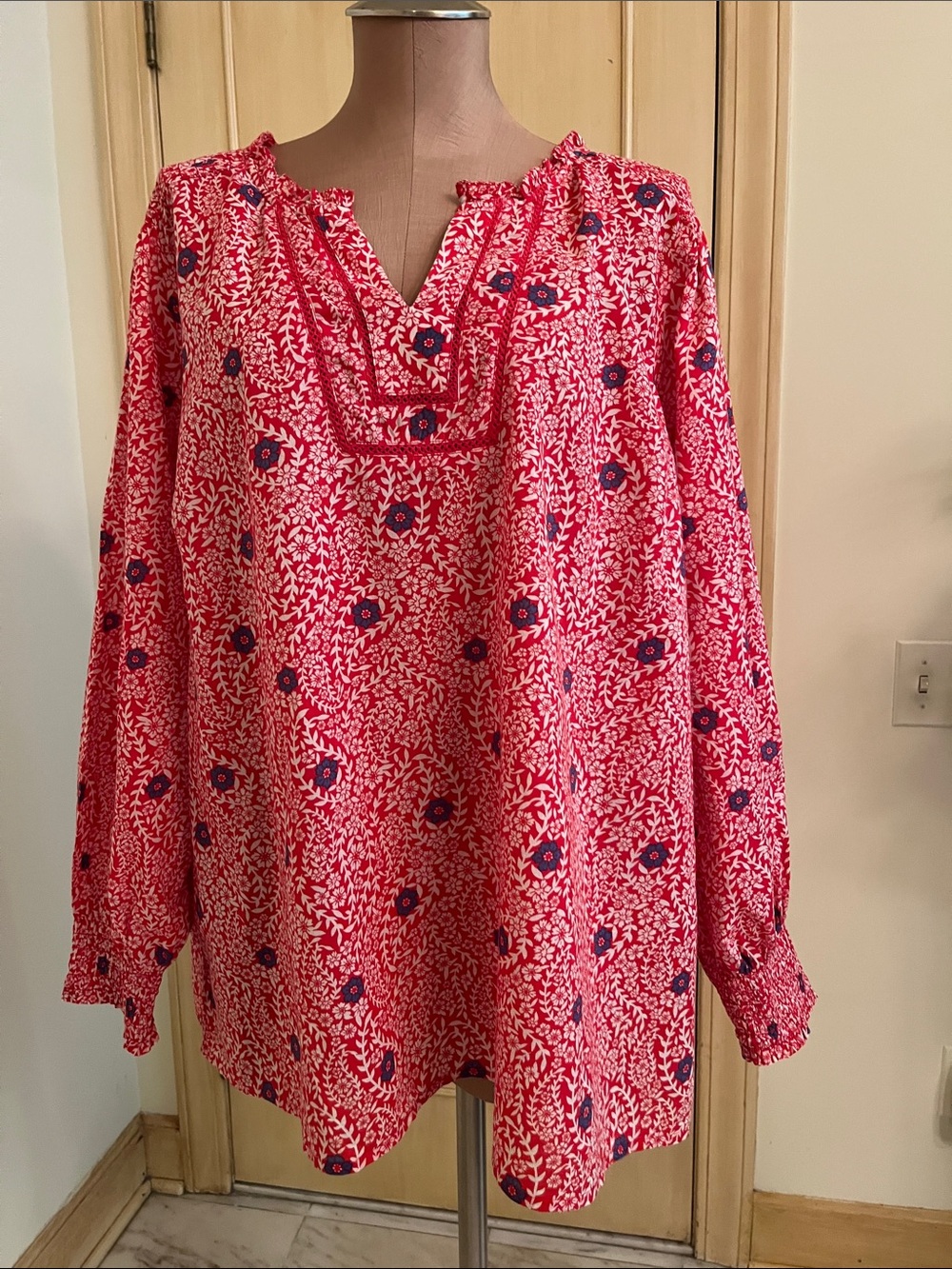 TALBOTS Boho Casual Smock Detail Red Floral/Paisley Cotton V-Neck Peasant Top 3X